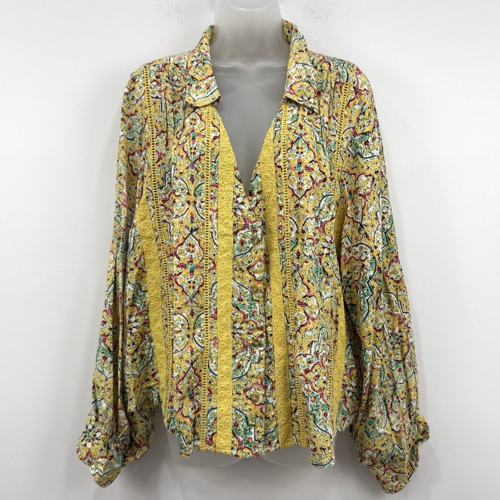Anthropologie Pilcro Pintuck Peasant Blouse 3X Embroidered Boho Button Up Retro - Picture 1 of 14